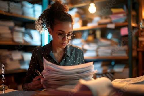 Businesswoman sorting through stacks of paperwork Searching for specific information In a cluttered office environment Highlighting the importance of organization and efficiency