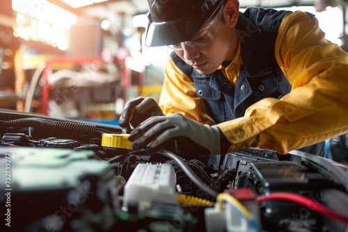 Car mechanic working on auto repair and maintenance Focusing on electric battery and electrical system Showcasing expertise and technology in automotive care.