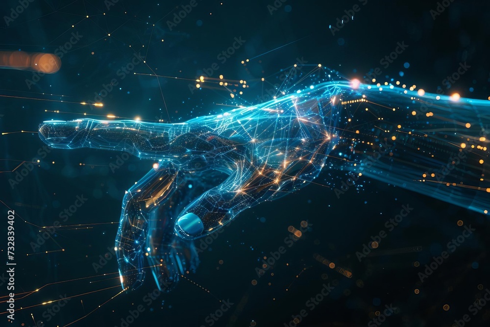 Fototapeta premium Digital hand hologram on dark background Representing the integration of technology and human interaction Ideal for concepts of innovation Artificial intelligence And futuristic design