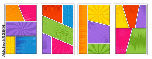 Comic book page template set. Retro colorful pop art frames for superhero story with action lines and dot effects. Vector сomicы backgrounds photo