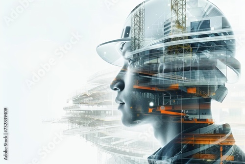Digital construction and engineering concept with a double exposure of architects and a futuristic building Symbolizing innovation and progress in the industry