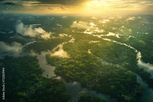 Dramatic view of the amazon rainforest from above Capturing the lush greenery and dense canopy at dawn Highlighting the beauty and vulnerability of one of earth's vital ecosystems