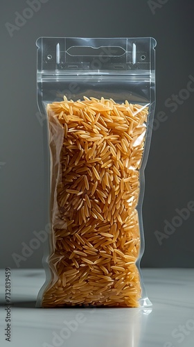 A transparent plastic bag contains brown rice grains, useful in preserving food. Plastic bag of rice representing sustenance and nutrition. Little rice or grains concept. photo