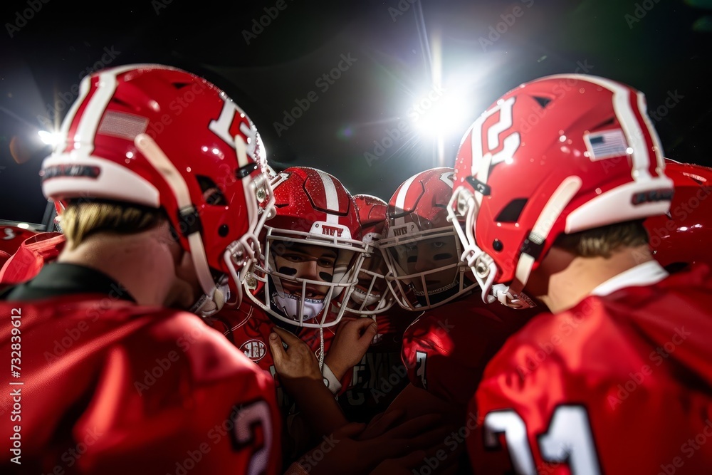 High school football team in a powerful huddle Showcasing unity and determination before a game Under the bright stadium lights