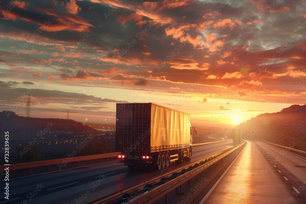 Logistics concept showing a container truck on a highway at sunset Symbolizing the dynamic flow of goods in global trade and transportation