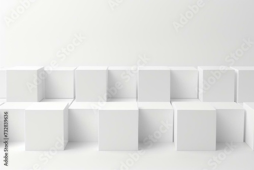 White cube boxes arranged on a white background. 3D model. Generative AI