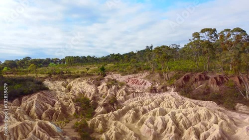 Footage Aerial view of Pink Cliffs Geological Reserve mining activity in the late 19th century the dramatic, colourful cliffs, Heathcote, Victoria, Australia. photo
