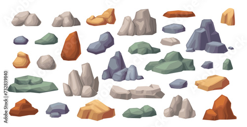 Cartoon rock stones, cobbles and boulders big set. Grey and brown rock piles, granite chunks and gravel. Vector nature objects for game environment design