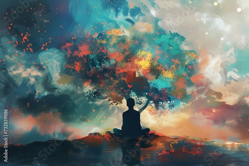 Visualization of mindfulness and self-reflection impact Showing a person in meditation with an abstract tree of thoughts Symbolizing personal growth and mental clarity