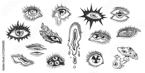 Esoteric groovy deformed human eyes sketch for tattoos and prints set. Female eye with radioactive pupil. Eyeball with mushroom. Eyes melting with tears. Vector psychedelic hand drawn photo