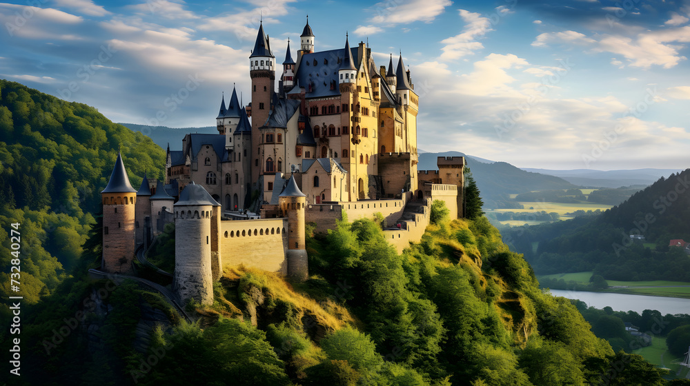 Iconic Display of Majestic Medieval European Castle Surrounded by Nature's Beauty