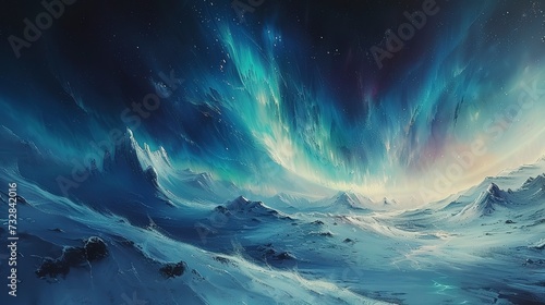 Northern Lights viewed from the top of a snowy mountain, offering a panoramic view of the aurora's full splendor