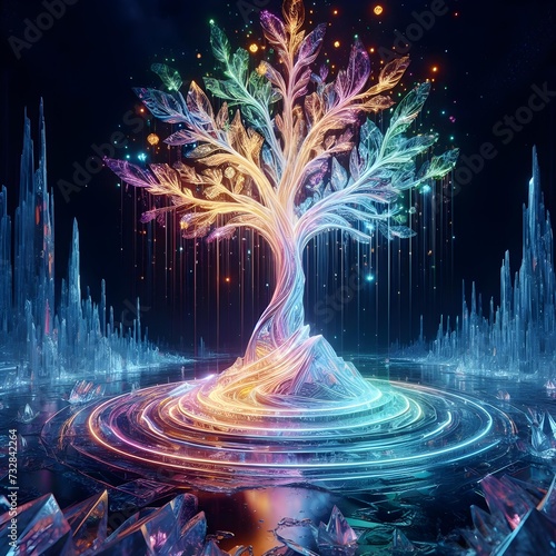 Tree under colored neon lights at night