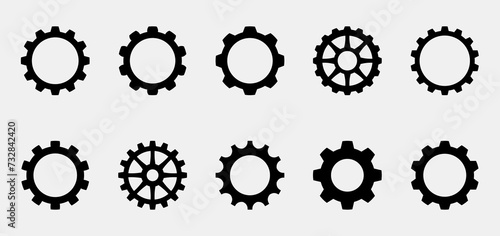 Gears collection. Gear settings icons. Set of black gear wheels. Sprockets photo