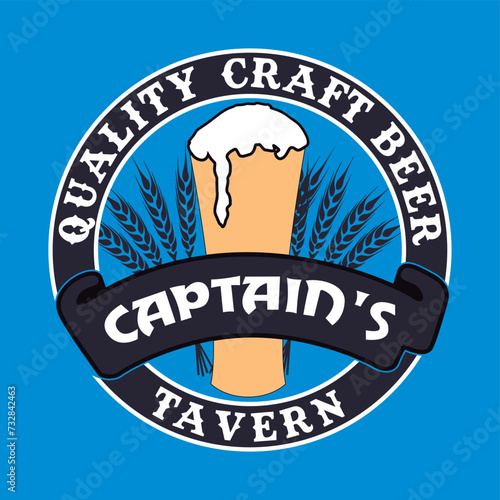 Quality craft beer captain's tavern. Written in white inside a blue circle I hear and inside the circle a glass of beer and wheat next to it and a blue background.