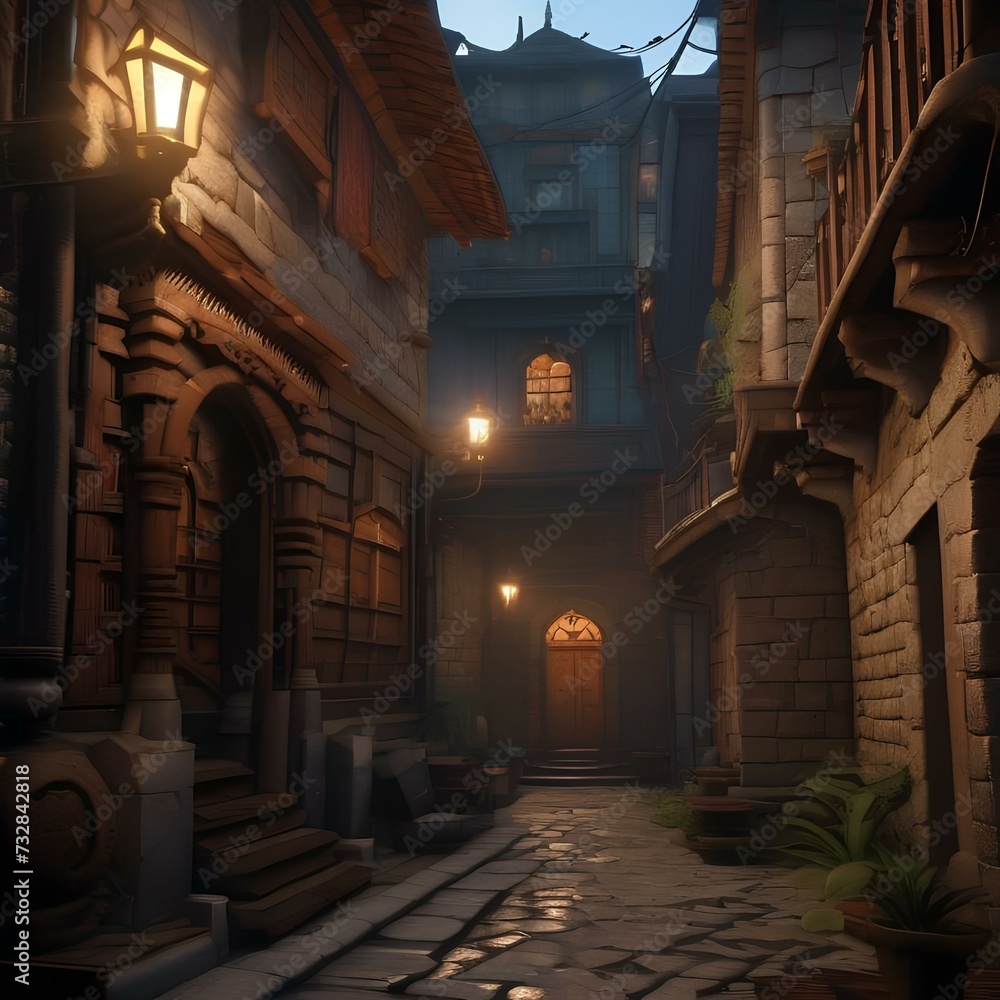 Fototapeta premium Fantasy city of thieves, Lawless city ruled by thieves' guilds and shadowy criminals amidst narrow alleyways and secret passages1