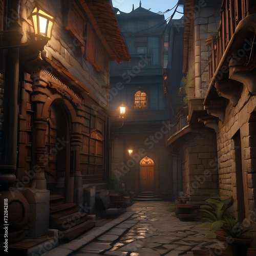 Fantasy city of thieves, Lawless city ruled by thieves' guilds and shadowy criminals amidst narrow alleyways and secret passages1 photo