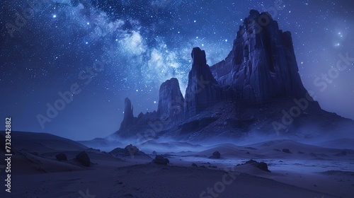 Otherworldly rock formations in a desert, shapes sculpted by wind and water over millennia, under a star-filled night sky  photo