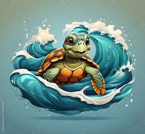 illustration of a cute turtle riding a wave. Generative AI
