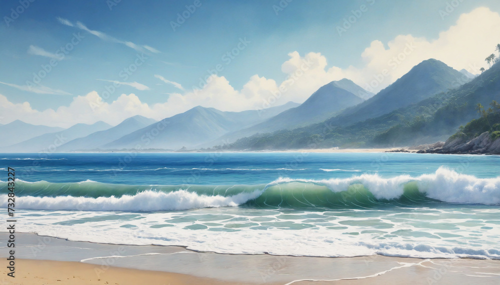 Serene beach waves watercolor painting with mountain backdrop Serene beach waves watercolor painting with mountain backdrop