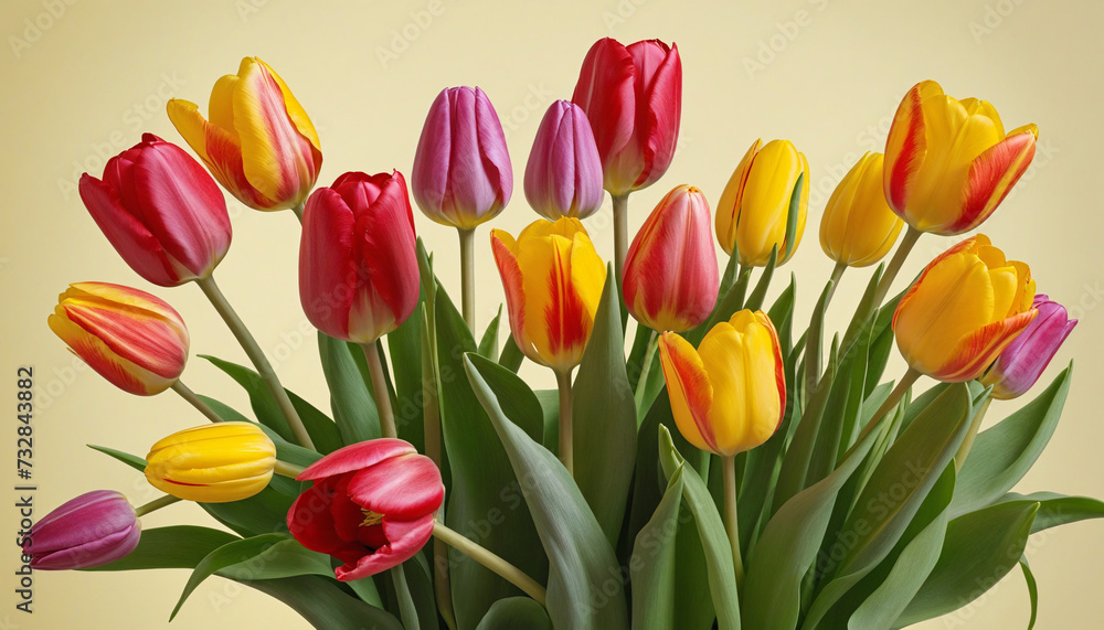 Beautiful Bouquet of vivid colorful tulips flowers on yellow background Beautiful Bouquet of vivid colorful tulips flowers on yellow background