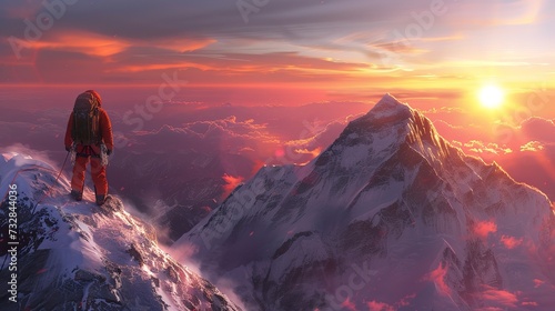 Photorealistic depiction of a climber's first-person view reaching the summit of Mount Everest, breathtaking horizon at dawn 