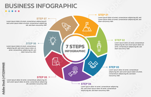 Visual data presentation. Cycle diagram with 7 options. Pie Chart Circle infographic template with 7 steps, options, parts, segments. Business concept. Marketing infographic vector illustration.