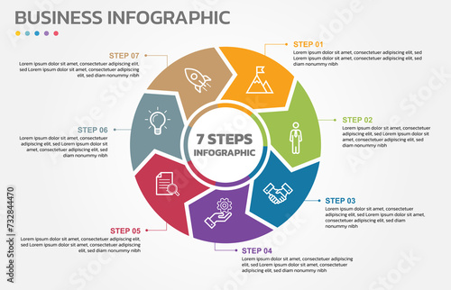 Visual data presentation. Cycle diagram with 7 options. Pie Chart Circle infographic template with 7 steps, options, parts, segments. Business concept. Marketing infographic vector illustration.