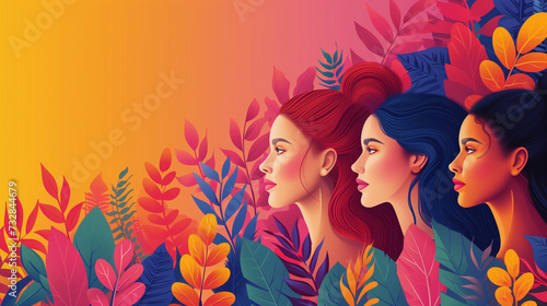 Women's day poster with a 3 beautiful women's illustration and floral art in the background