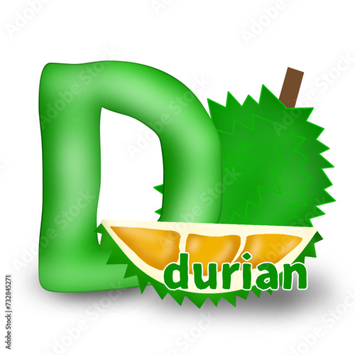 Alphabet with animated fruits, letter D for durian. cartoon alphabet illustration isolated on transparent background