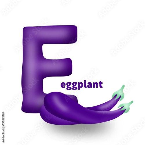 Alphabet with animated fruits, letter E for Eggplant. cartoon alphabet illustration isolated on transparent background
