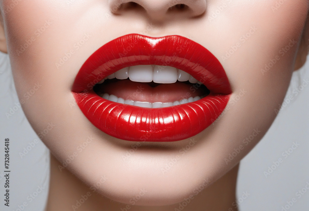 Fototapeta premium Red lips with glamour blush lipstick isolated on transparent white background