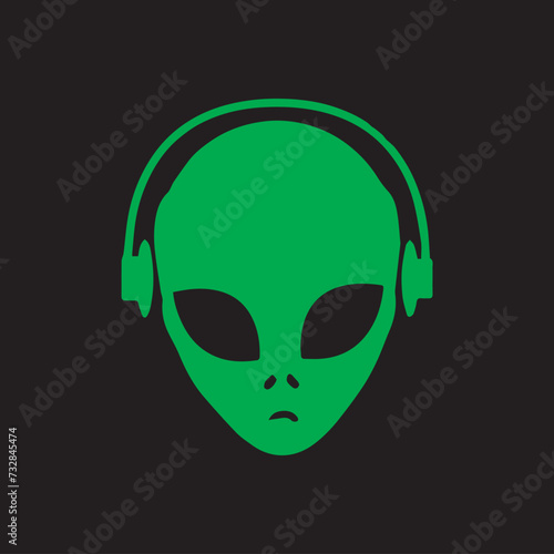 Green alien wearing green headphones and black background. Vector for silkscreen, dtg, dtf, t-shirts, signs, banners, Subimation Jobs or for any application. photo