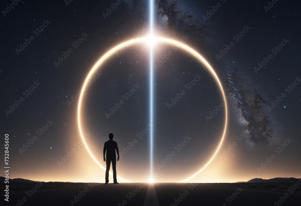 Fototapeta premium Man standing in front of a glowing portal