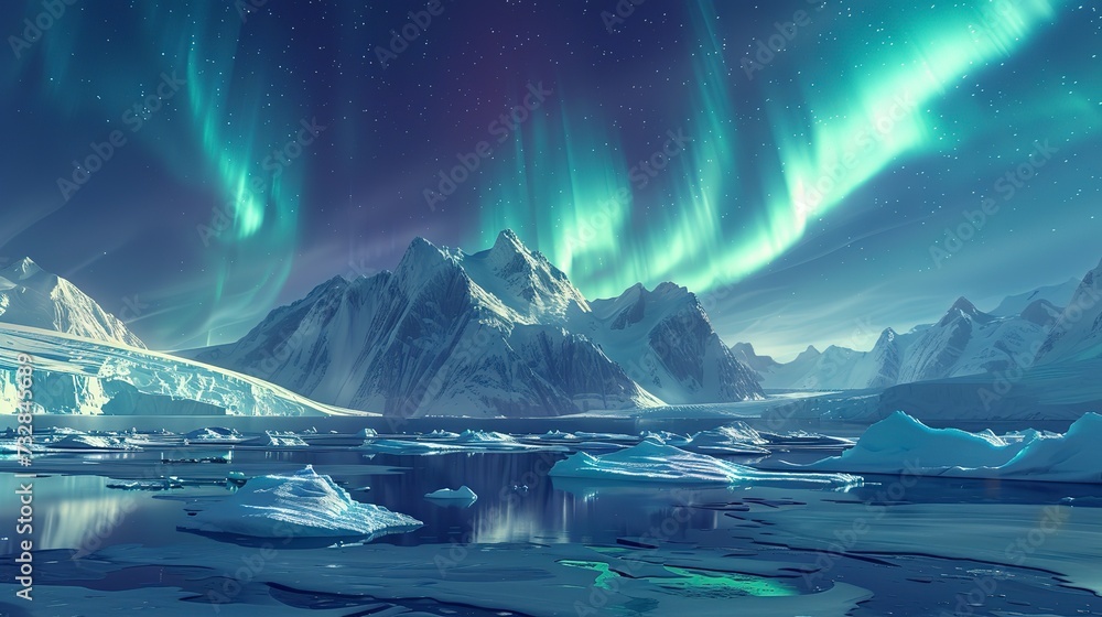 Polar night over an iceberg field, the aurora borealis casting a mystical light over the ice, a scene of silent beauty