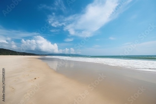 Beautiful beach with golden sand  blue ocean  and white sand paradise. Summer vacation concept with sea water and cloudy blue sky. Generative AI