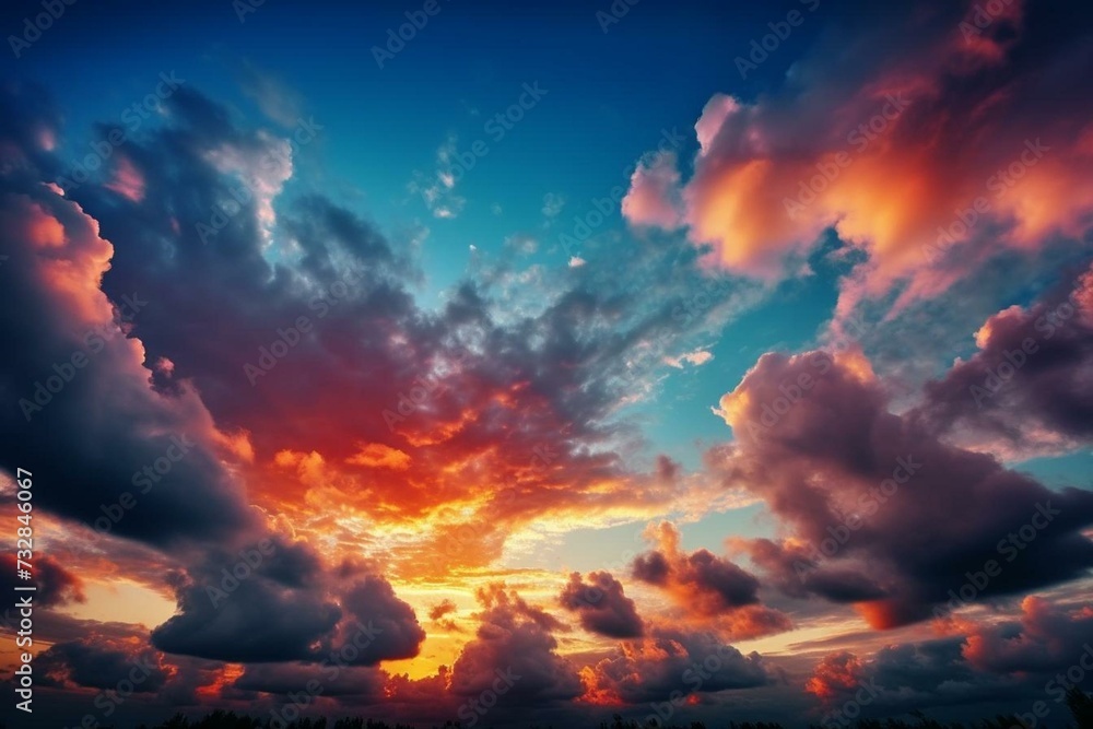 A sky with vivid colors, clouds, and a radiant light. Generative AI