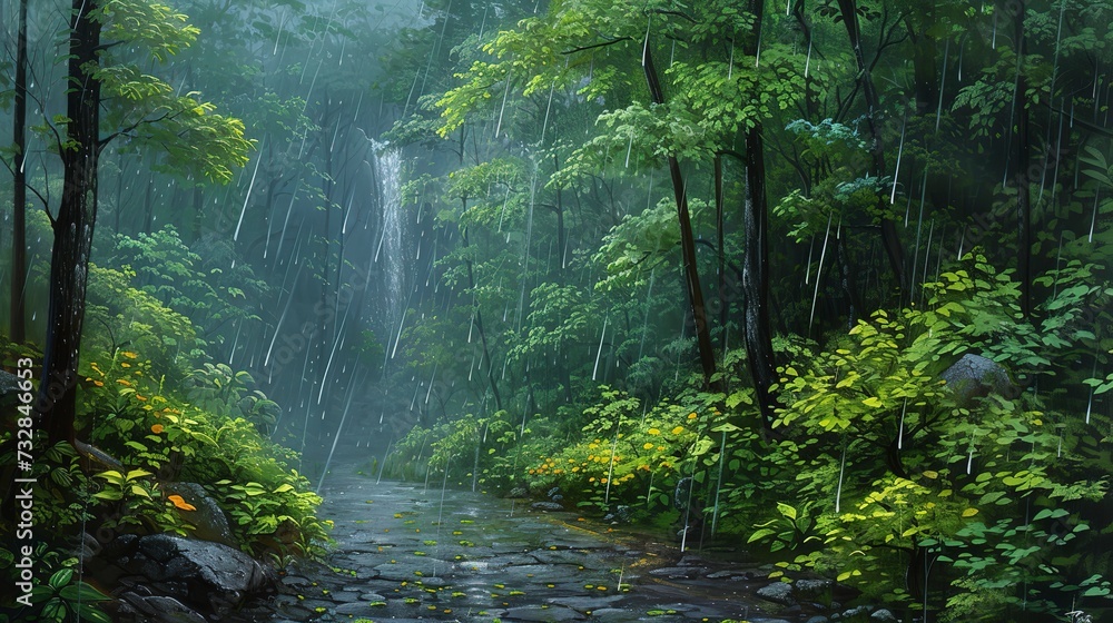 Obraz premium Rainforest path during a rain shower, vibrant greenery, the sound of raindrops on leaves, a distant waterfall murmuring