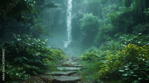 Rainforest path during a rain shower, vibrant greenery, the sound of raindrops on leaves, a distant waterfall murmuring 