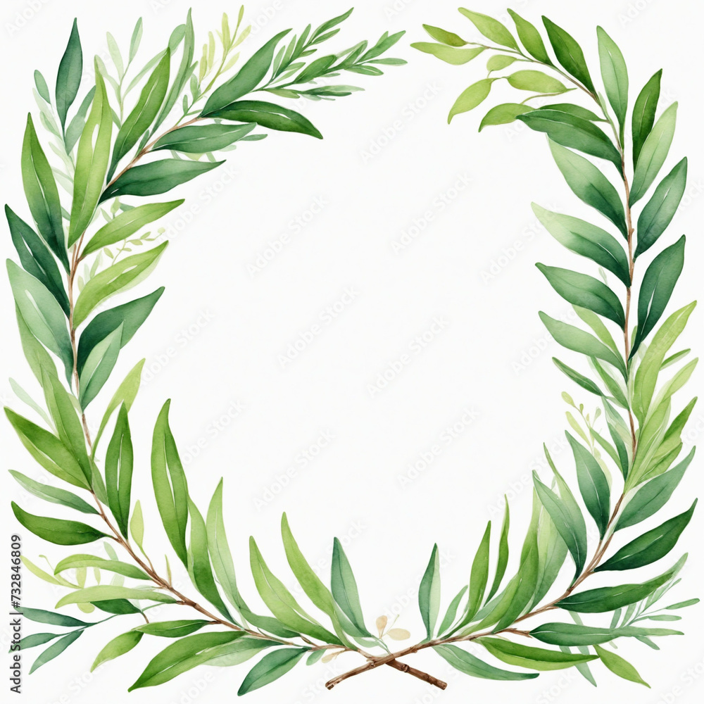 Laurel wreath green leaves painted with watercolor isolated on white transparent background Laurel wreath green leaves painted with watercolor isolated on white transparent background