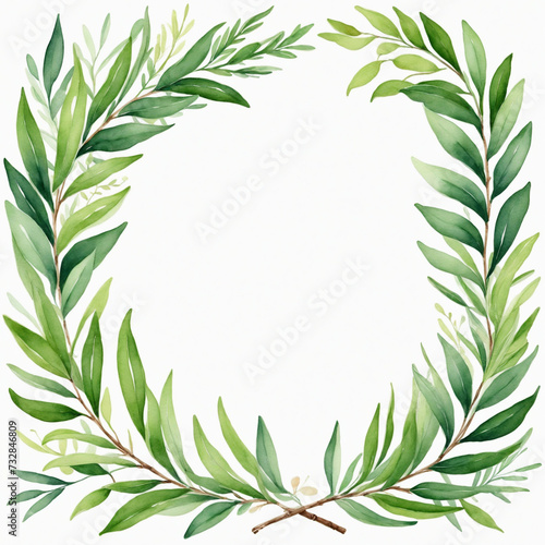 Laurel wreath green leaves painted with watercolor isolated on white transparent background
