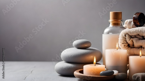 spa still life with candles and orchid, spa concept , grey background 