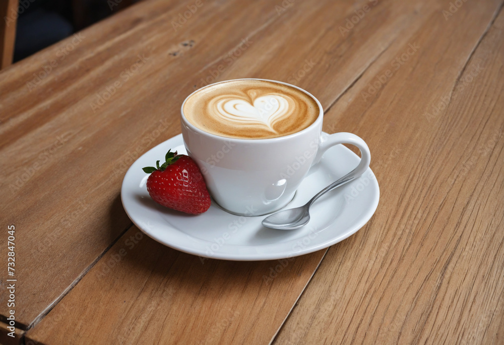 Obraz premium Freshly brewed Cappuccino in a white cup on a wooden table at a cozy cafe