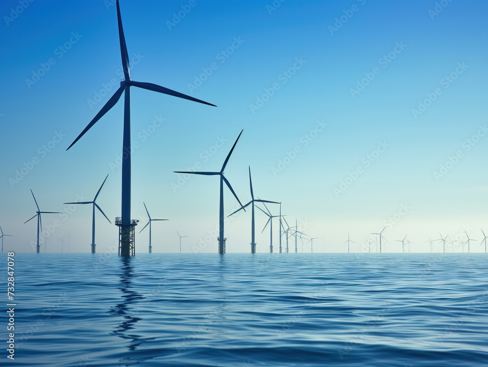 A huge offshore wind farm, features striking turbines standing alone in the ocean, presenting a magnificent spectacle on sunny days.