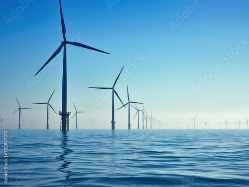 A huge offshore wind farm, features striking turbines standing alone in the ocean, presenting a magnificent spectacle on sunny days.