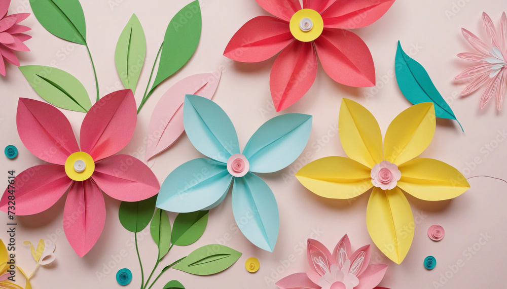 Paper craft flowers and leaves design elements cut out on transparent background