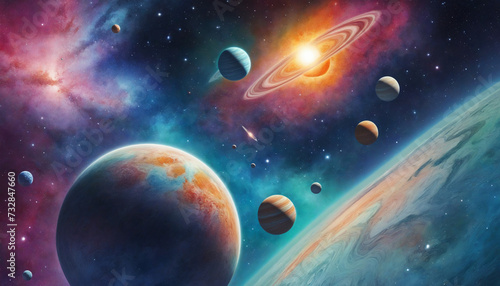 Colorful watercolor planets in cosmic alignment create a stunning wallpaper design for your space-themed art wall 