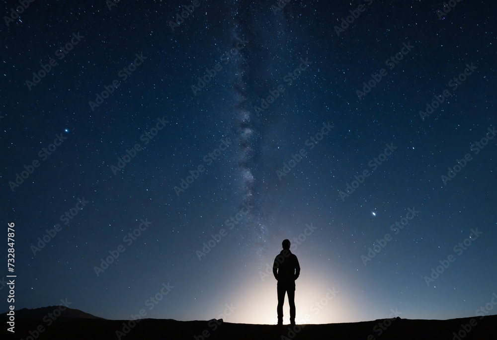 Fototapeta premium Man gazing at the celestial heavens in the darkness of the night 