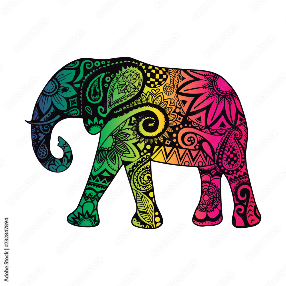 vector image of colorful embroidered Indian style elephant with arabesques, print style. Vector for silkscreen, dtg, dtf, t-shirts, signs, banners, Subimation Jobs or for any application