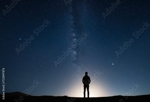 Silhouette of a man standing at night and looking at starry sky